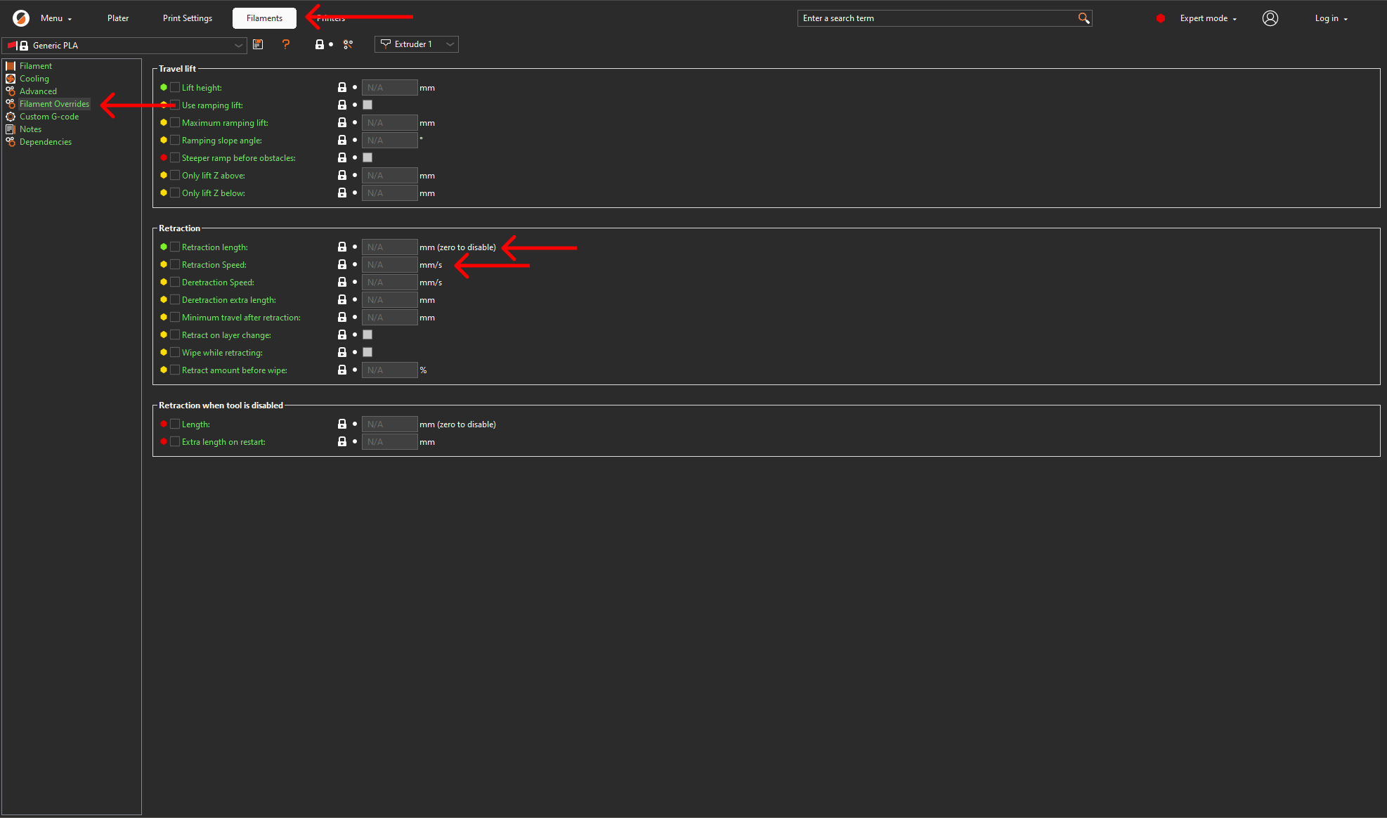 Correcting Filament Overrides