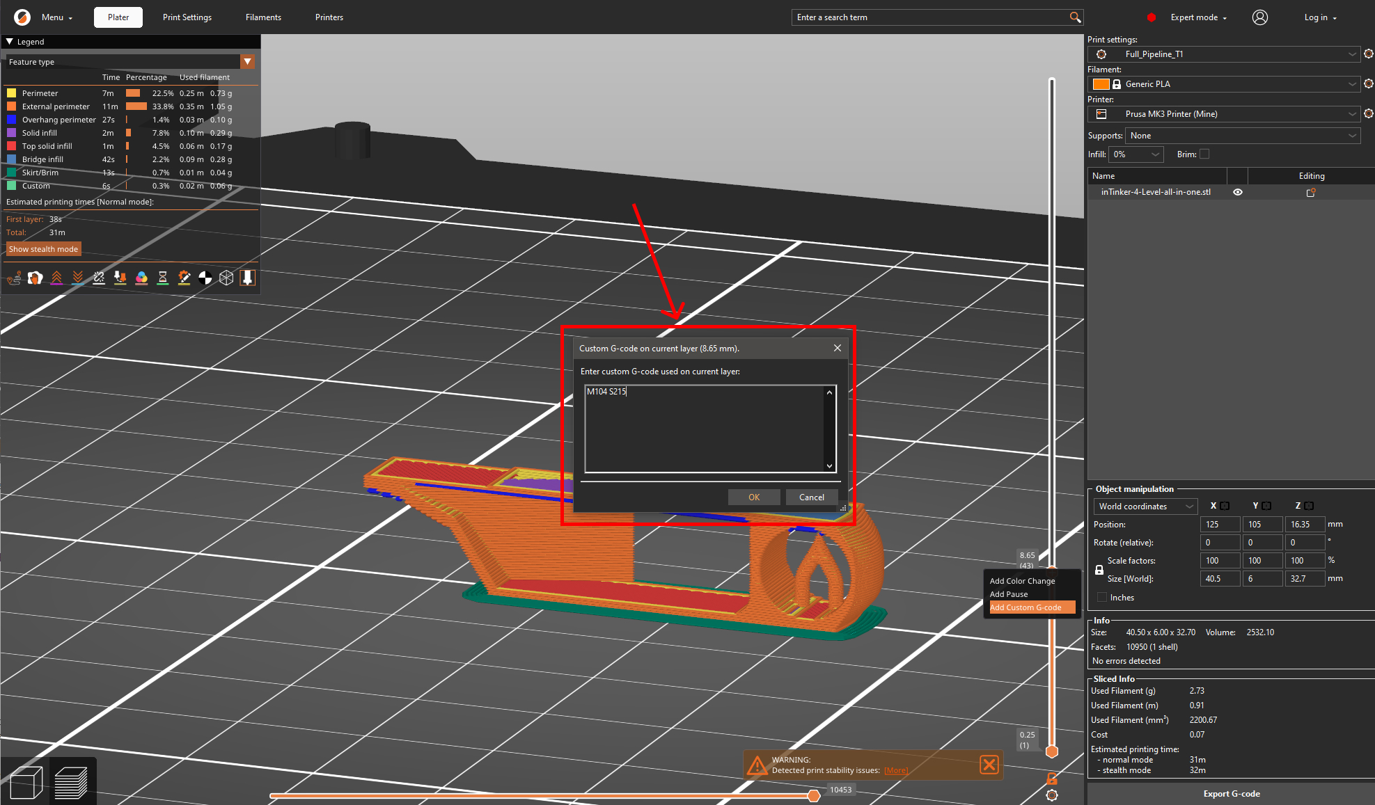 Adding the custom gcode to a specific height